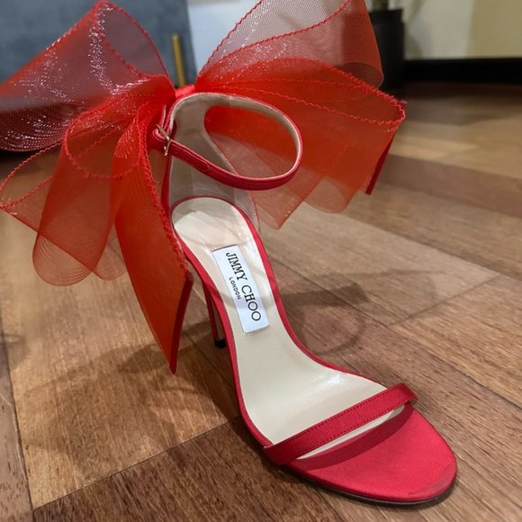 Jimmy Choo Aveline 100 Bow Ankle Strap Sandal Siletto in Red - Size 38.5 / 8 US - Picture 12 of 16